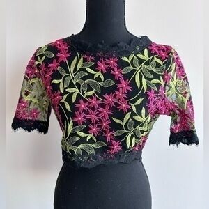 Pink and Green Floral Lace Sheer Crop Top